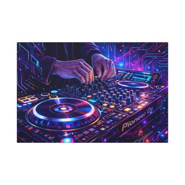 8999718354020615068_2048.jpeg DJ Neon Mixer Canvas Wall Art — Vibrant Electronic Music Turntable Print
