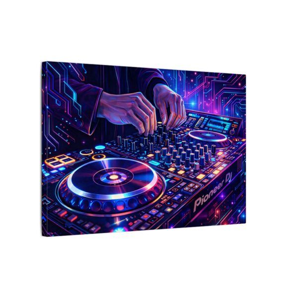 13267965519215784187_2048.jpeg DJ Neon Mixer Canvas Wall Art — Vibrant Electronic Music Turntable Print